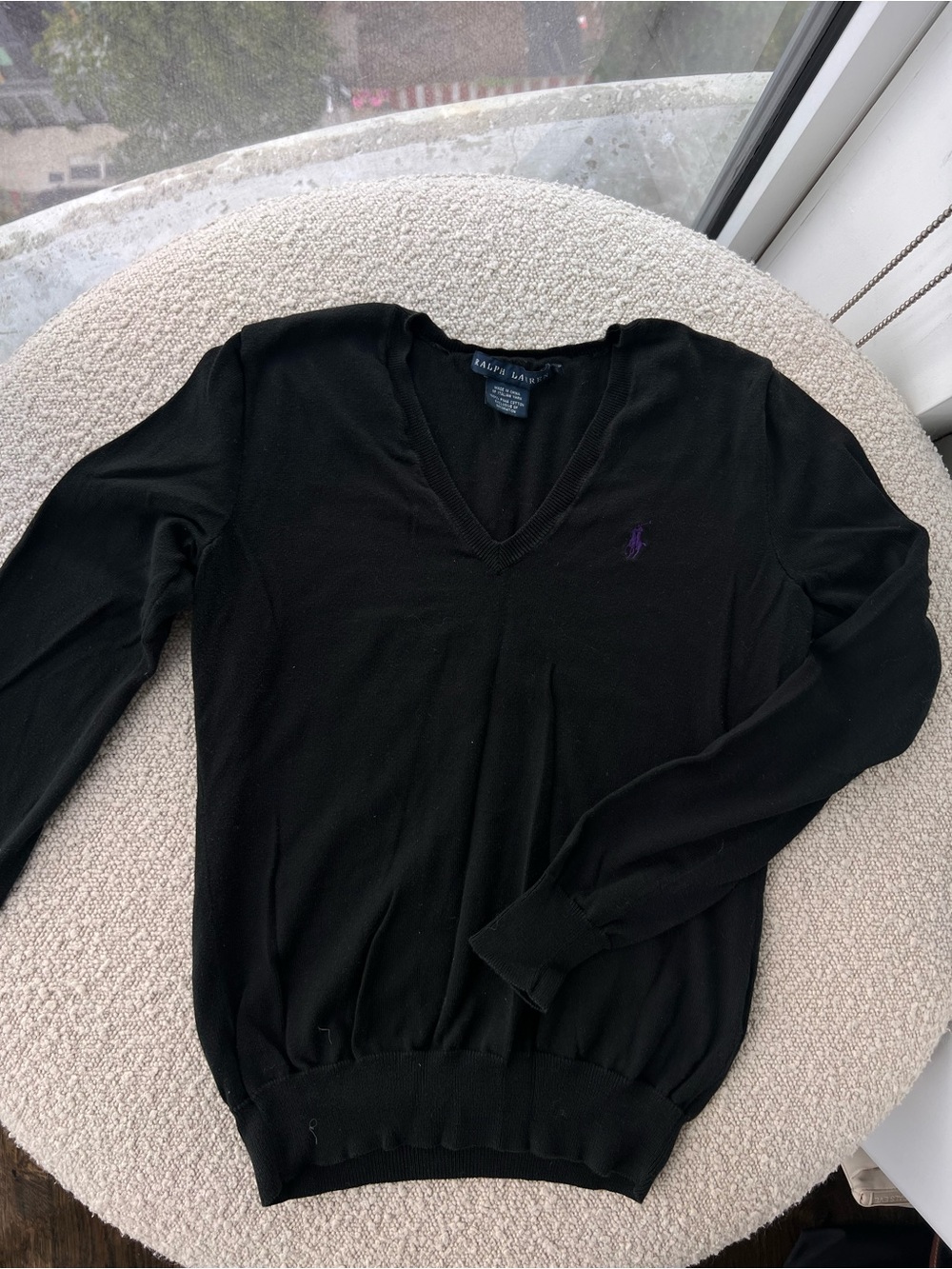 Ralph Lauren Black V-Neck Slim Fit Sweater with Purple Pony Logo